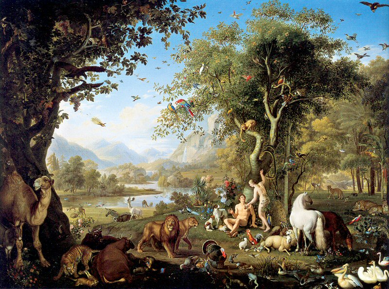 Adam and Eve in the Garden of Eden surrounded by animals representing creation and dominion from Genesis