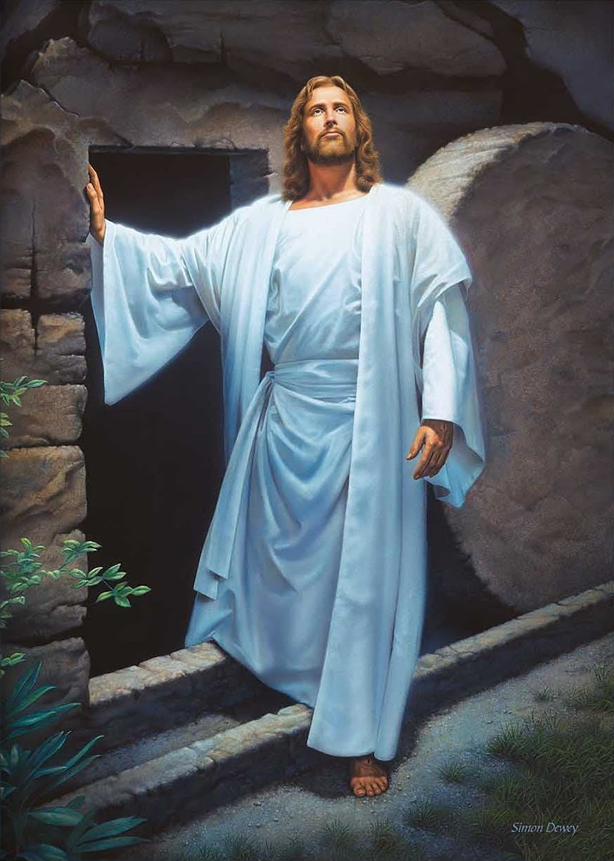 Jesus Christ emerging from the empty tomb in radiant white robes, artwork by Simon Dewey — Matthew 28:6