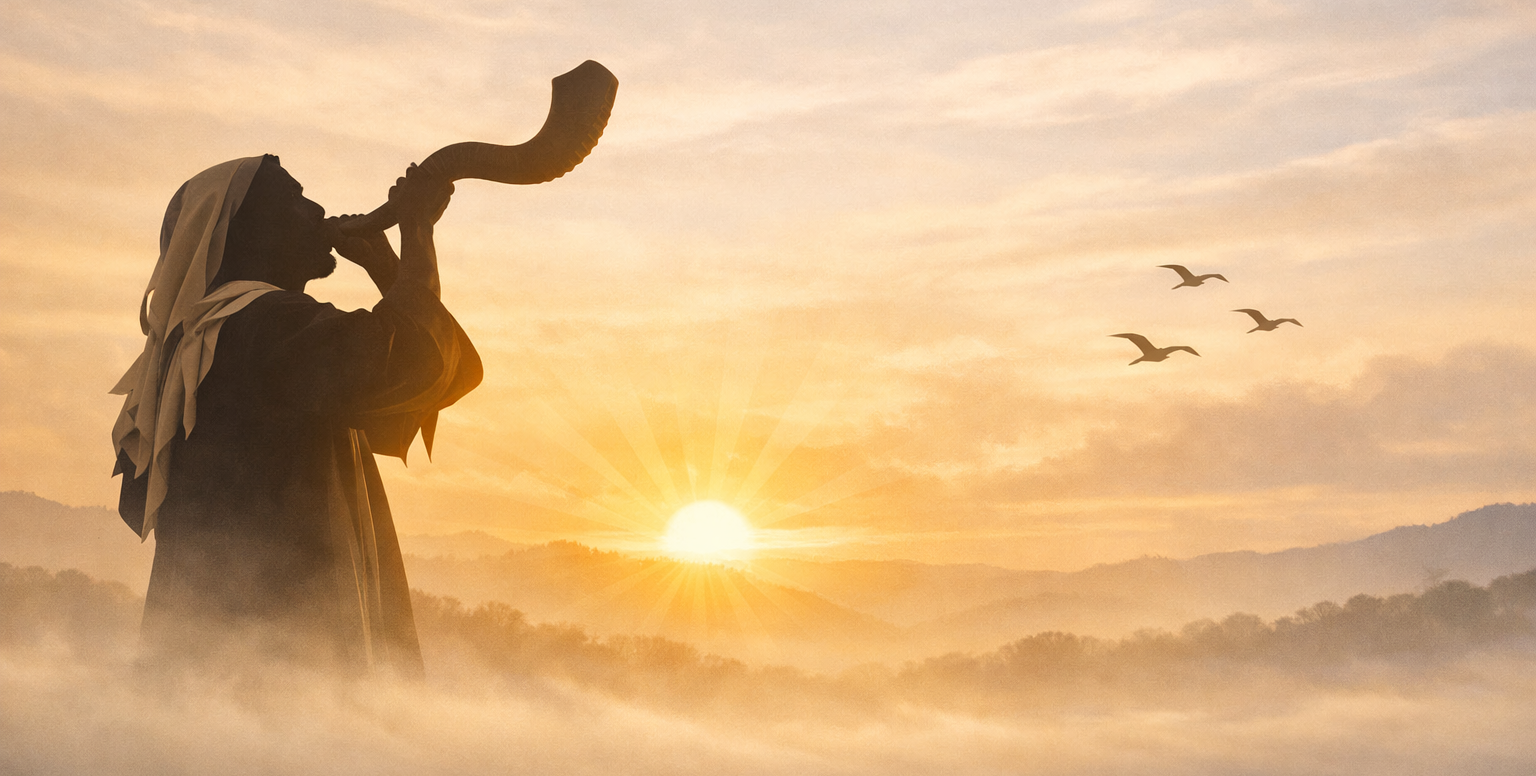 Man blowing a shofar at sunrise symbolizing the biblical call to gather in Numbers 10